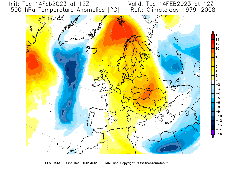 Mappa di analisi GFS - Anomalia Temperatura [°C] a 500 hPa in Europa
							del 14/02/2023 12 <!--googleoff: index-->UTC<!--googleon: index-->