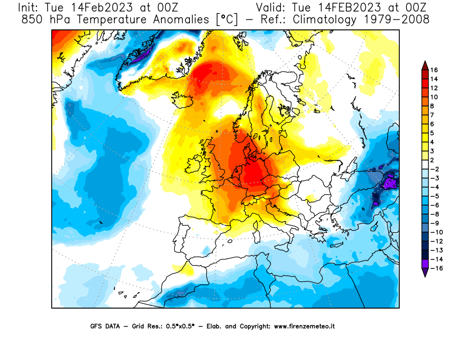 Mappa di analisi GFS - Anomalia Temperatura [°C] a 850 hPa in Europa
							del 14/02/2023 00 <!--googleoff: index-->UTC<!--googleon: index-->