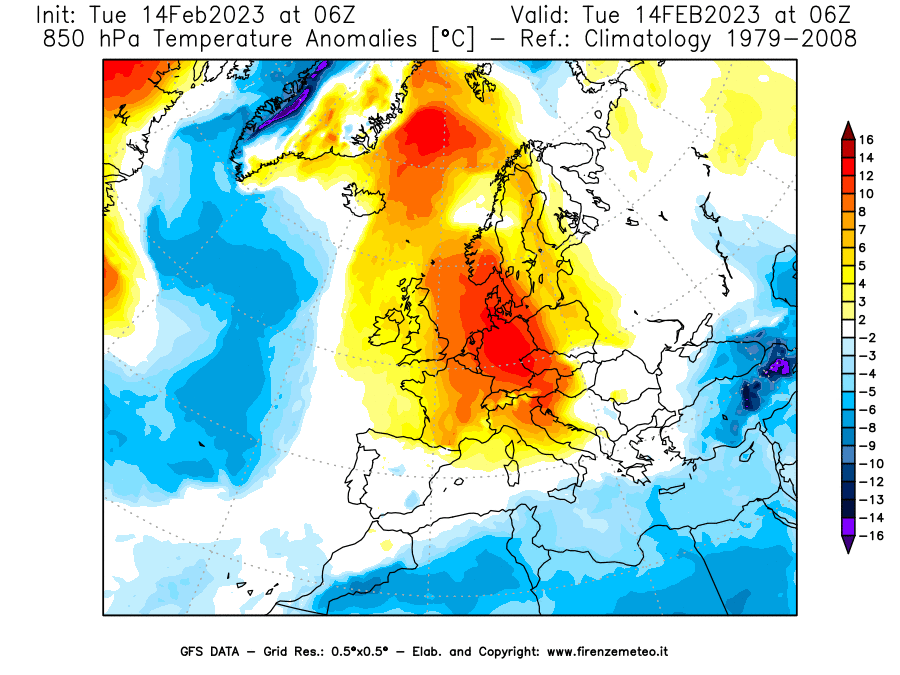Mappa di analisi GFS - Anomalia Temperatura [°C] a 850 hPa in Europa
							del 14/02/2023 06 <!--googleoff: index-->UTC<!--googleon: index-->