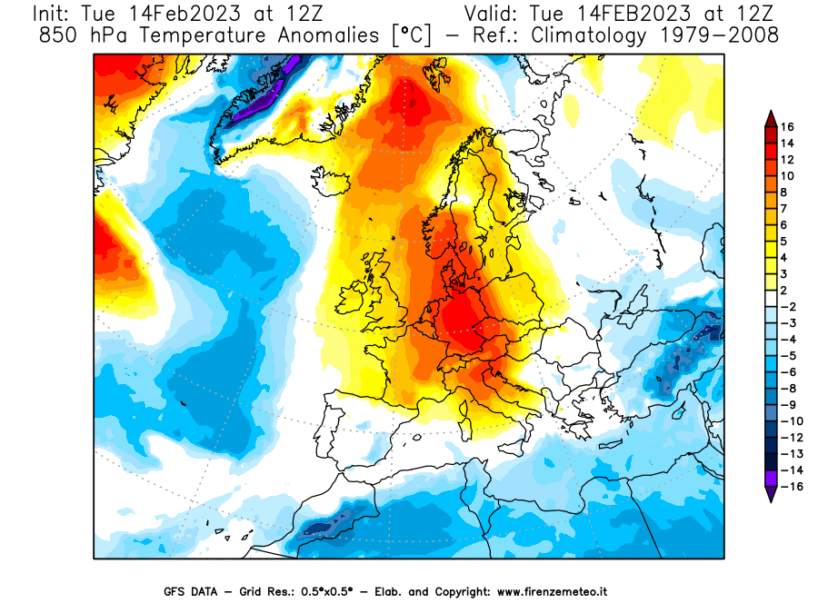 Mappa di analisi GFS - Anomalia Temperatura [°C] a 850 hPa in Europa
							del 14/02/2023 12 <!--googleoff: index-->UTC<!--googleon: index-->