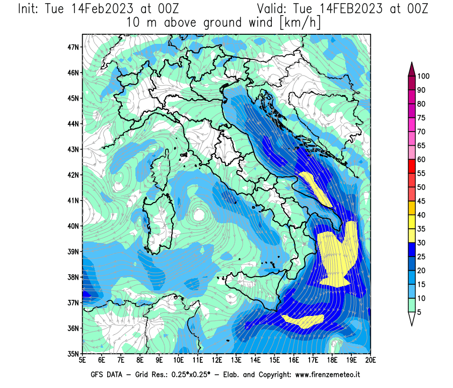 Mappa di analisi GFS - Velocità del vento a 10 metri dal suolo [km/h] in Italia
							del 14/02/2023 00 <!--googleoff: index-->UTC<!--googleon: index-->