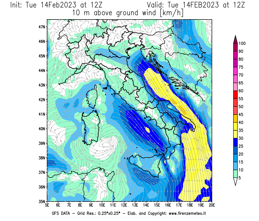 Mappa di analisi GFS - Velocità del vento a 10 metri dal suolo [km/h] in Italia
							del 14/02/2023 12 <!--googleoff: index-->UTC<!--googleon: index-->