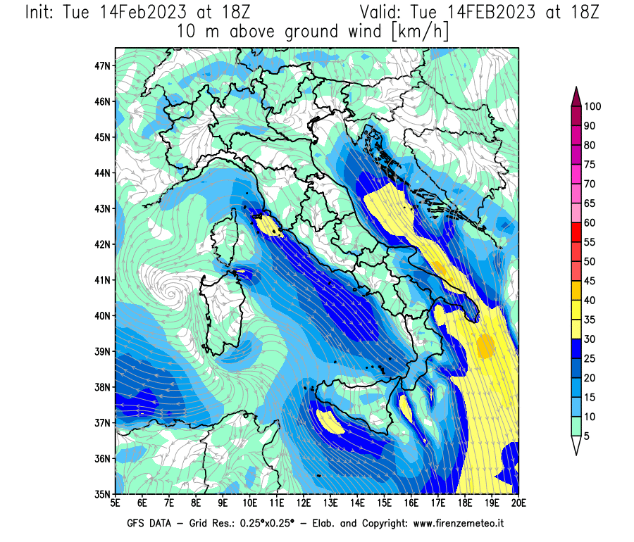 Mappa di analisi GFS - Velocità del vento a 10 metri dal suolo [km/h] in Italia
							del 14/02/2023 18 <!--googleoff: index-->UTC<!--googleon: index-->