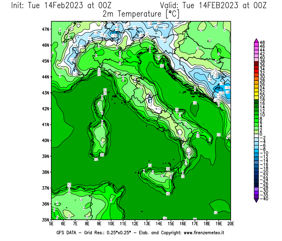 Mappa di analisi GFS - Temperatura a 2 metri dal suolo [°C] in Italia
							del 14/02/2023 00 <!--googleoff: index-->UTC<!--googleon: index-->