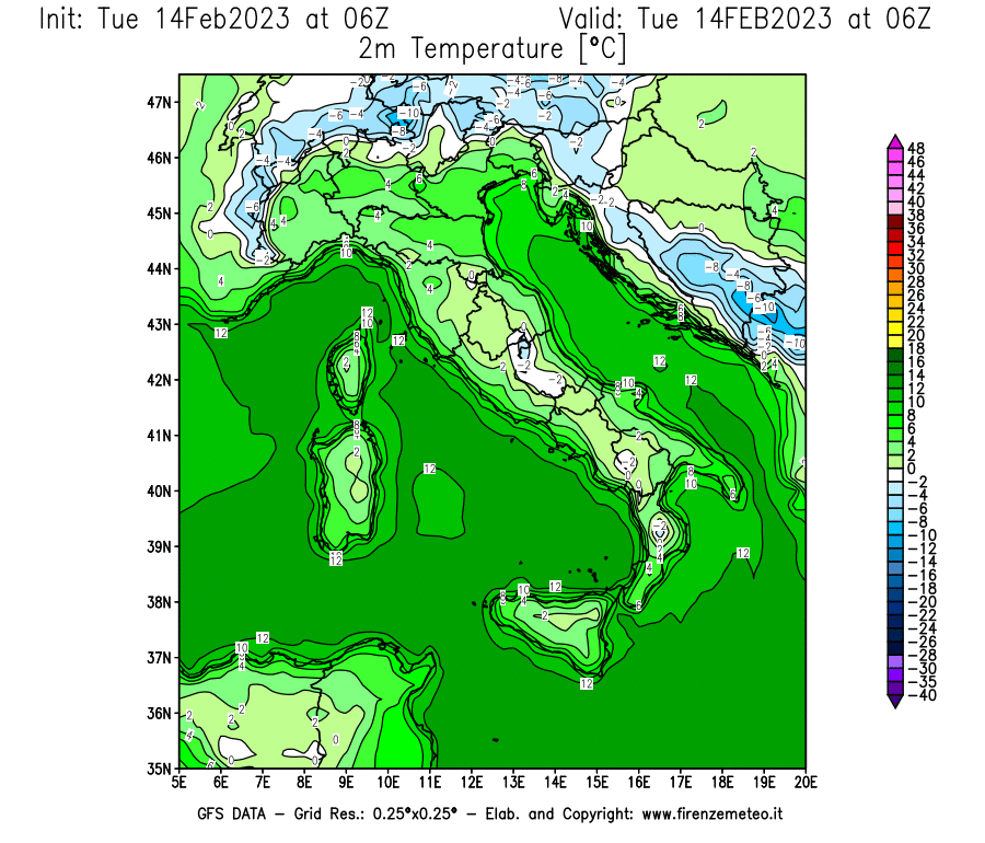 Mappa di analisi GFS - Temperatura a 2 metri dal suolo [°C] in Italia
							del 14/02/2023 06 <!--googleoff: index-->UTC<!--googleon: index-->