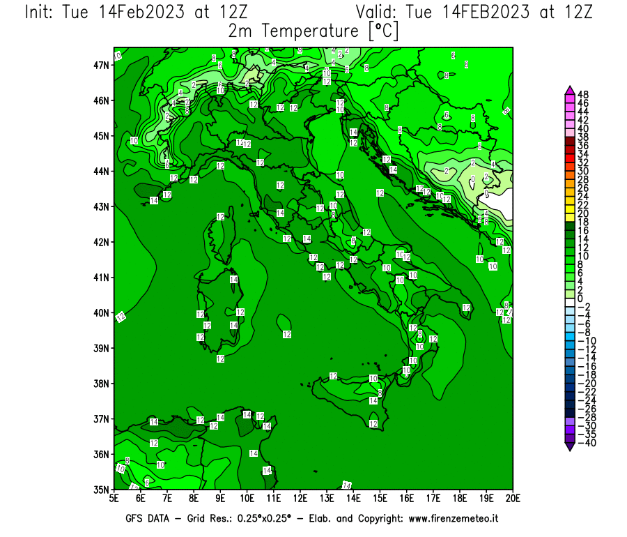 Mappa di analisi GFS - Temperatura a 2 metri dal suolo [°C] in Italia
							del 14/02/2023 12 <!--googleoff: index-->UTC<!--googleon: index-->