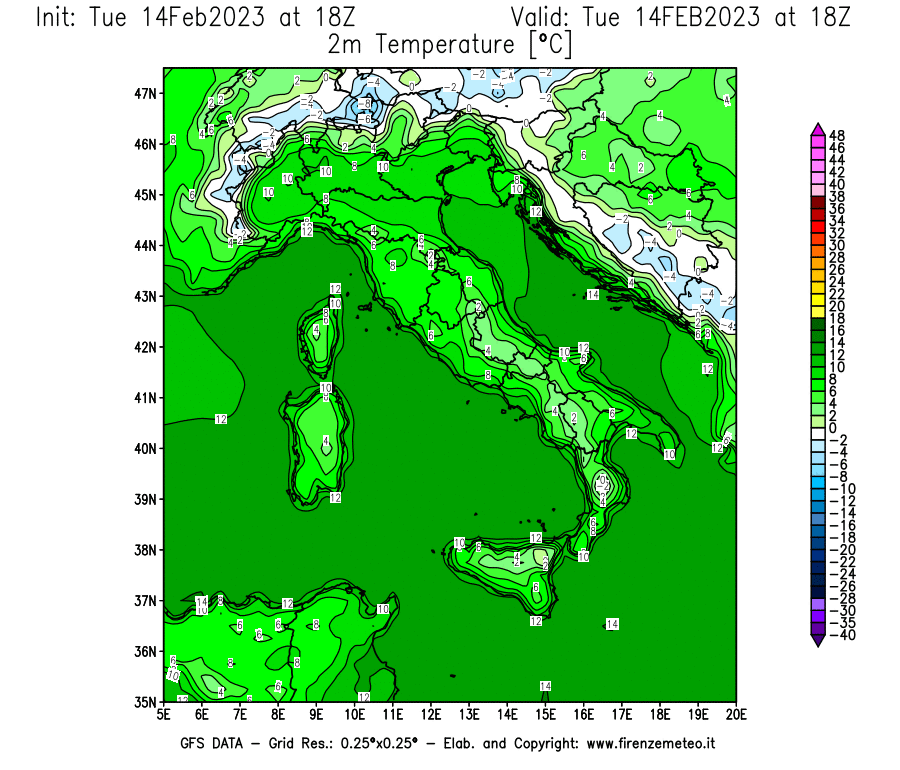 Mappa di analisi GFS - Temperatura a 2 metri dal suolo [°C] in Italia
							del 14/02/2023 18 <!--googleoff: index-->UTC<!--googleon: index-->