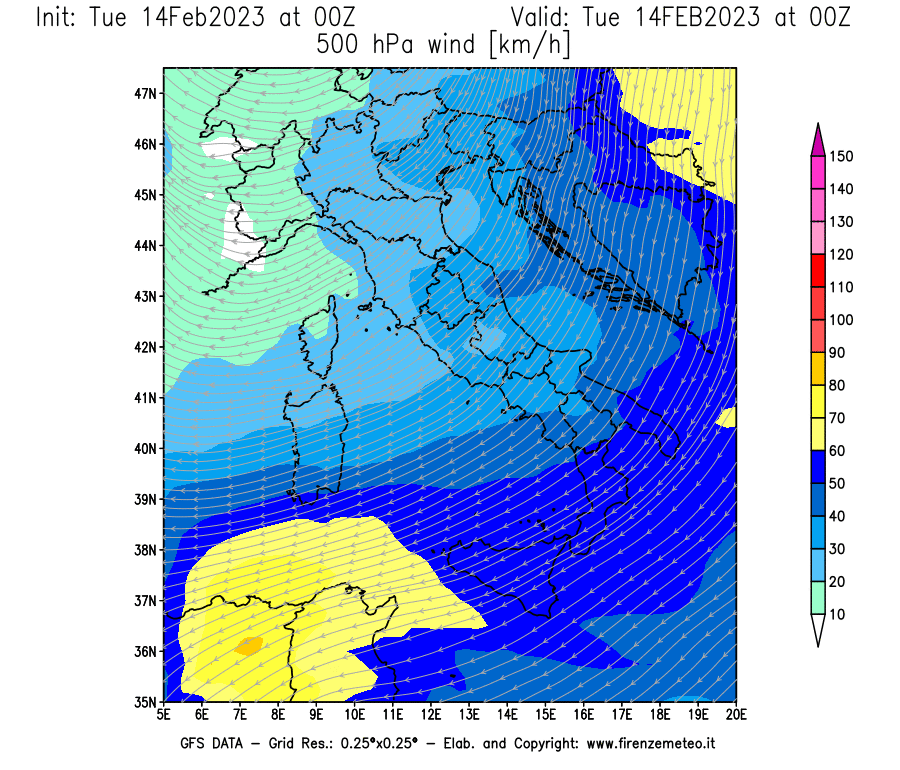 Mappa di analisi GFS - Velocità del vento a 500 hPa [km/h] in Italia
							del 14/02/2023 00 <!--googleoff: index-->UTC<!--googleon: index-->