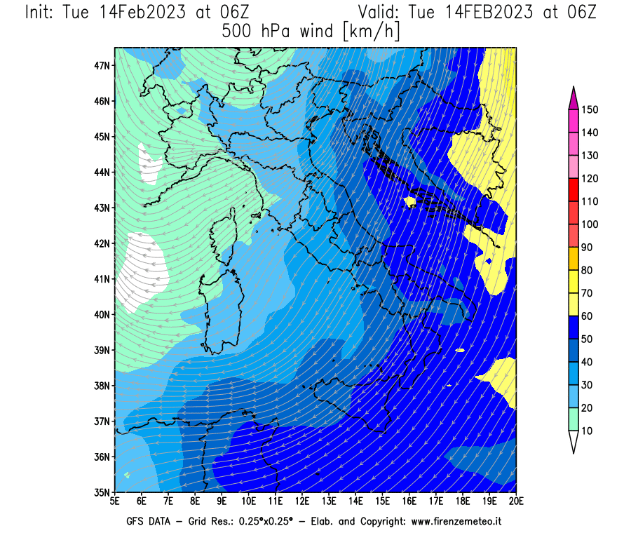 Mappa di analisi GFS - Velocità del vento a 500 hPa [km/h] in Italia
							del 14/02/2023 06 <!--googleoff: index-->UTC<!--googleon: index-->