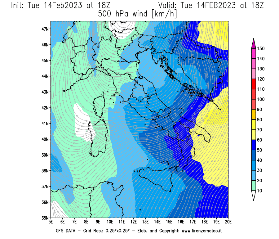 Mappa di analisi GFS - Velocità del vento a 500 hPa [km/h] in Italia
							del 14/02/2023 18 <!--googleoff: index-->UTC<!--googleon: index-->