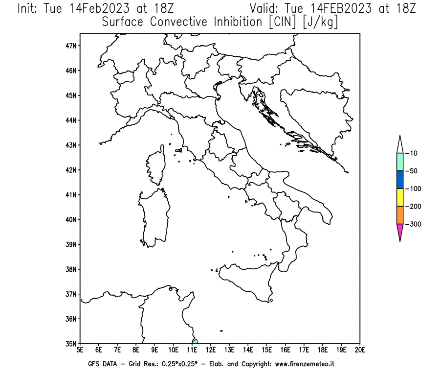 Mappa di analisi GFS - CIN [J/kg] in Italia
							del 14/02/2023 18 <!--googleoff: index-->UTC<!--googleon: index-->