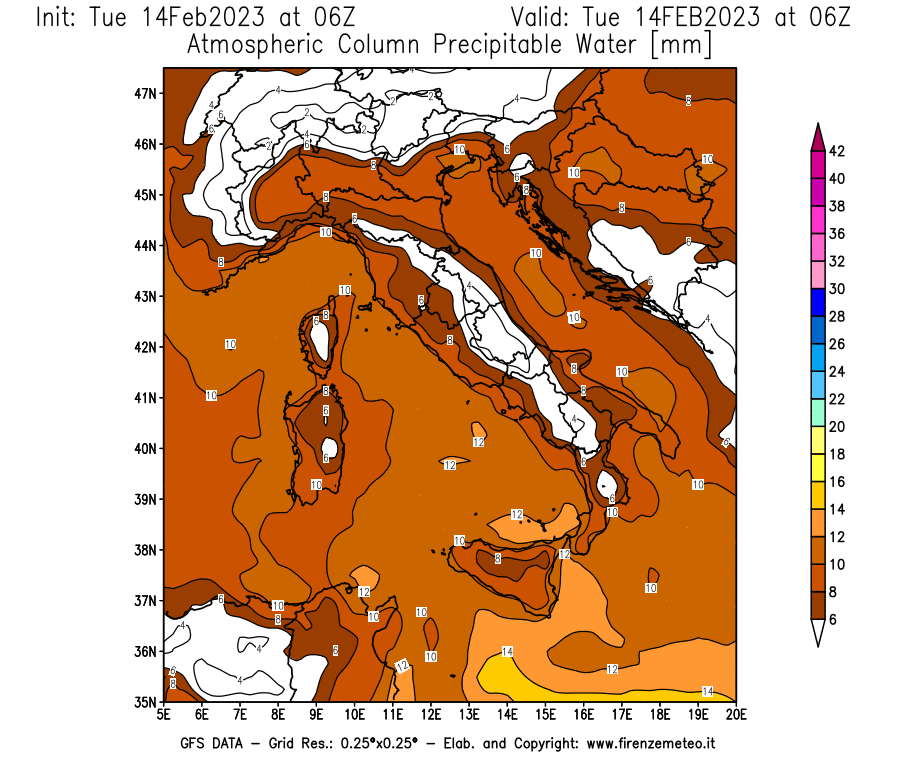 Mappa di analisi GFS - Precipitable Water [mm] in Italia
							del 14/02/2023 06 <!--googleoff: index-->UTC<!--googleon: index-->