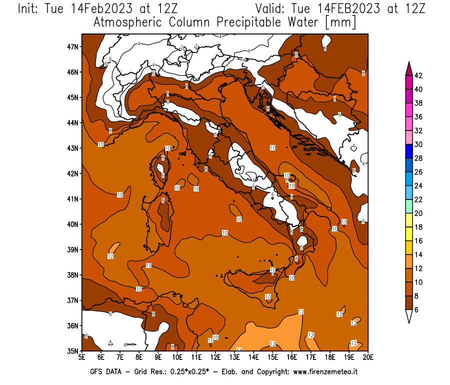 Mappa di analisi GFS - Precipitable Water [mm] in Italia
							del 14/02/2023 12 <!--googleoff: index-->UTC<!--googleon: index-->