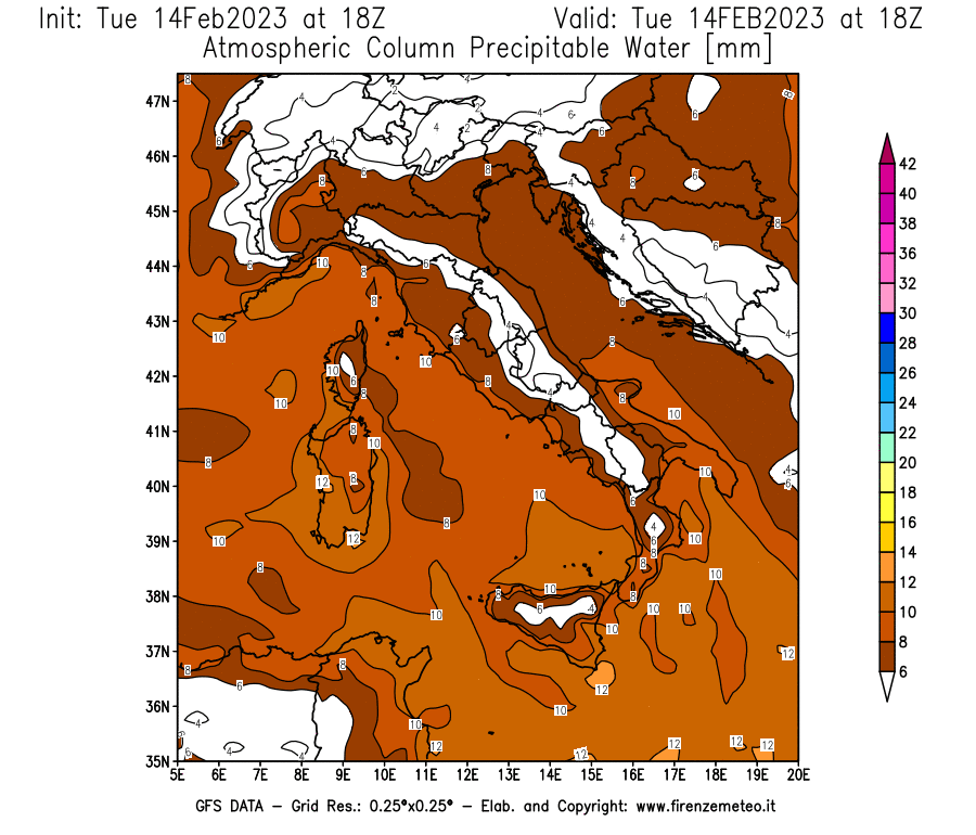 Mappa di analisi GFS - Precipitable Water [mm] in Italia
							del 14/02/2023 18 <!--googleoff: index-->UTC<!--googleon: index-->