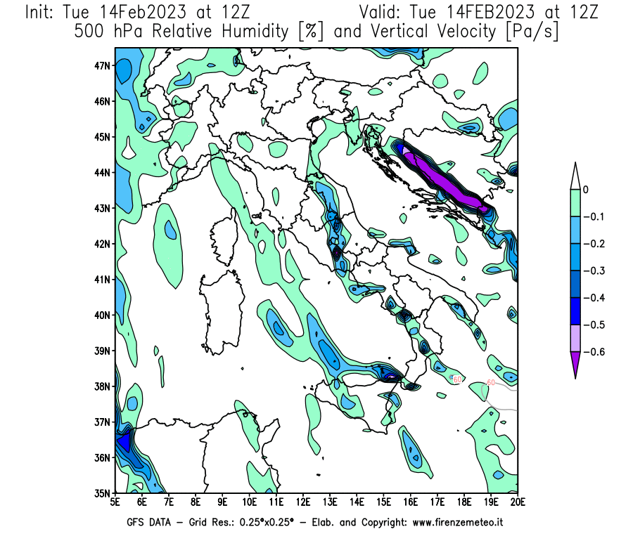 Mappa di analisi GFS - Umidità relativa [%] e Omega [Pa/s] a 500 hPa in Italia
							del 14/02/2023 12 <!--googleoff: index-->UTC<!--googleon: index-->
