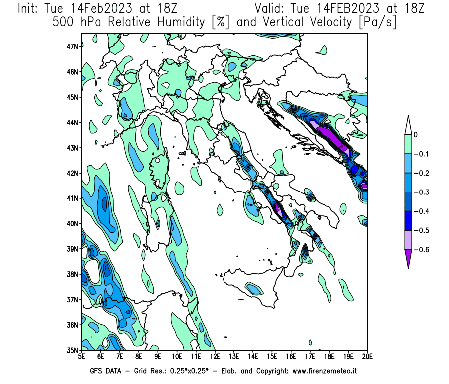 Mappa di analisi GFS - Umidità relativa [%] e Omega [Pa/s] a 500 hPa in Italia
							del 14/02/2023 18 <!--googleoff: index-->UTC<!--googleon: index-->