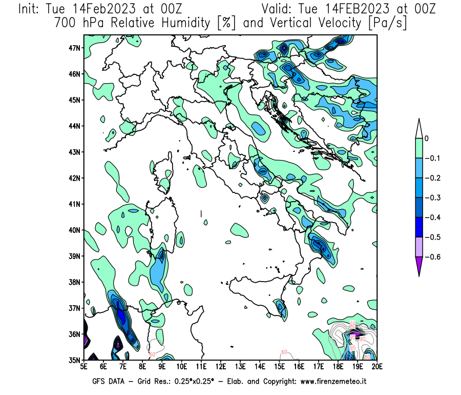 Mappa di analisi GFS - Umidità relativa [%] e Omega [Pa/s] a 700 hPa in Italia
							del 14/02/2023 00 <!--googleoff: index-->UTC<!--googleon: index-->