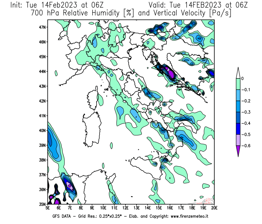 Mappa di analisi GFS - Umidità relativa [%] e Omega [Pa/s] a 700 hPa in Italia
							del 14/02/2023 06 <!--googleoff: index-->UTC<!--googleon: index-->