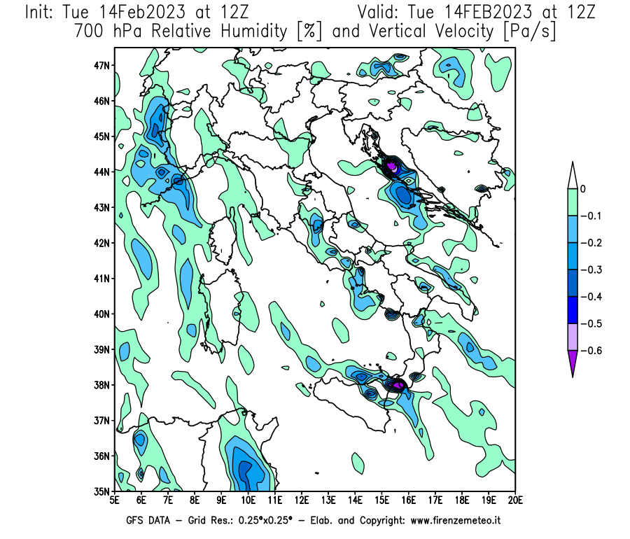 Mappa di analisi GFS - Umidità relativa [%] e Omega [Pa/s] a 700 hPa in Italia
							del 14/02/2023 12 <!--googleoff: index-->UTC<!--googleon: index-->