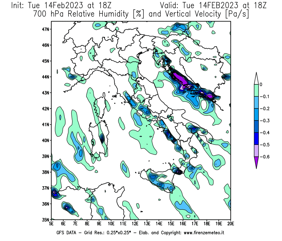 Mappa di analisi GFS - Umidità relativa [%] e Omega [Pa/s] a 700 hPa in Italia
							del 14/02/2023 18 <!--googleoff: index-->UTC<!--googleon: index-->