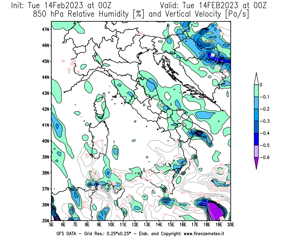 Mappa di analisi GFS - Umidità relativa [%] e Omega [Pa/s] a 850 hPa in Italia
							del 14/02/2023 00 <!--googleoff: index-->UTC<!--googleon: index-->