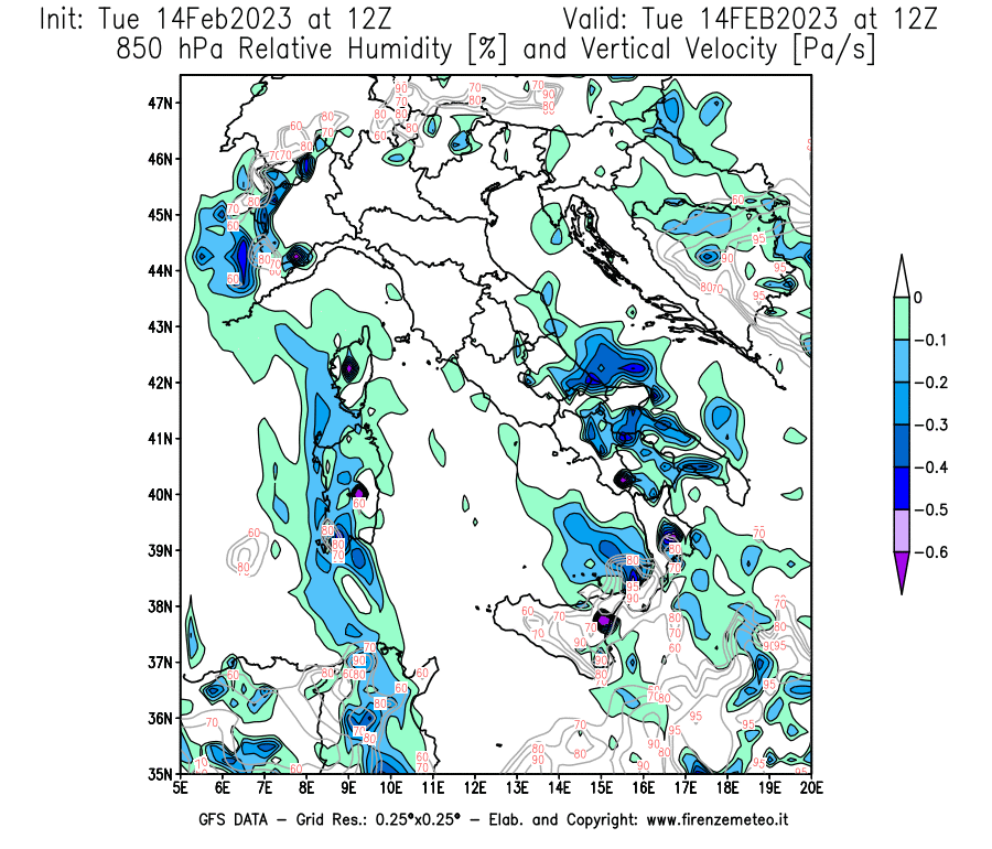 Mappa di analisi GFS - Umidità relativa [%] e Omega [Pa/s] a 850 hPa in Italia
							del 14/02/2023 12 <!--googleoff: index-->UTC<!--googleon: index-->