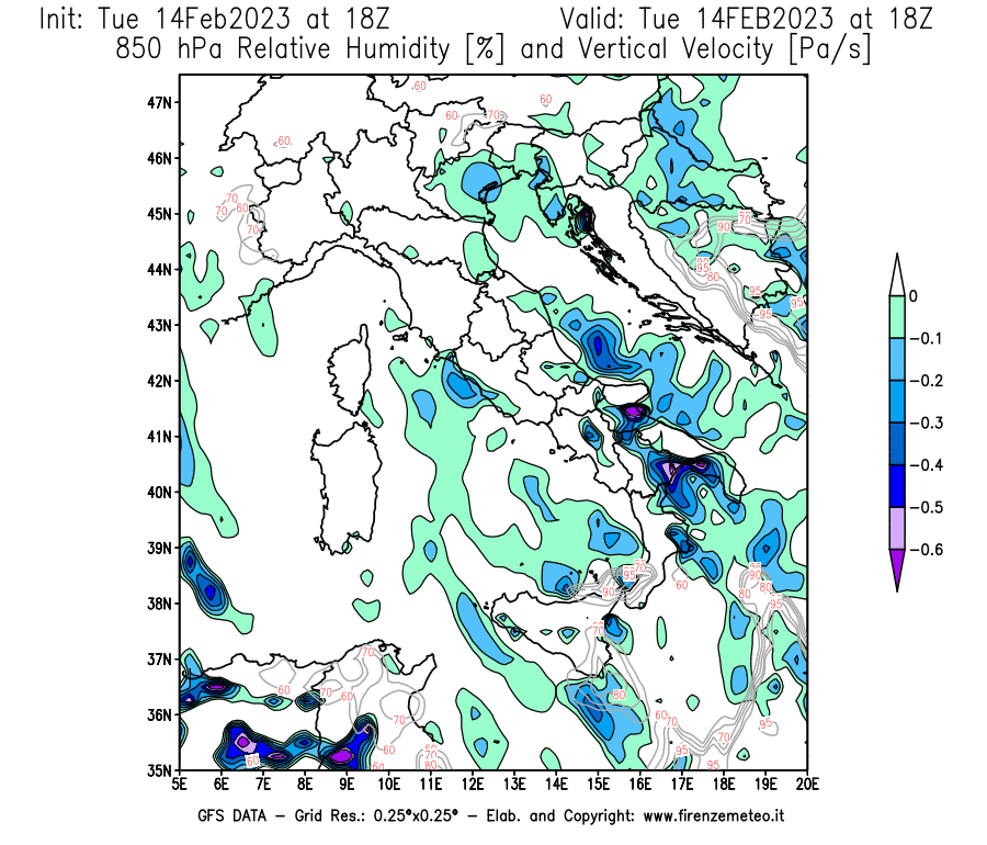 Mappa di analisi GFS - Umidità relativa [%] e Omega [Pa/s] a 850 hPa in Italia
							del 14/02/2023 18 <!--googleoff: index-->UTC<!--googleon: index-->