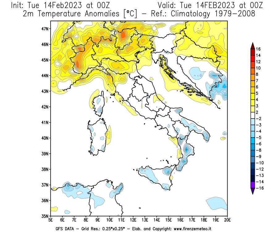 Mappa di analisi GFS - Anomalia Temperatura [°C] a 2 m in Italia
							del 14/02/2023 00 <!--googleoff: index-->UTC<!--googleon: index-->