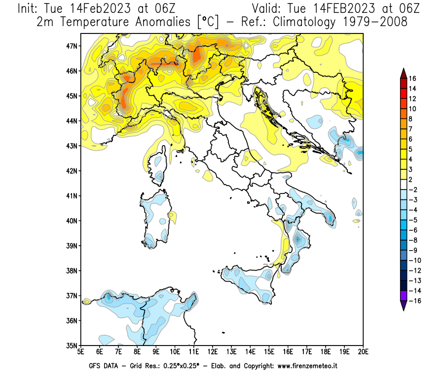 Mappa di analisi GFS - Anomalia Temperatura [°C] a 2 m in Italia
							del 14/02/2023 06 <!--googleoff: index-->UTC<!--googleon: index-->