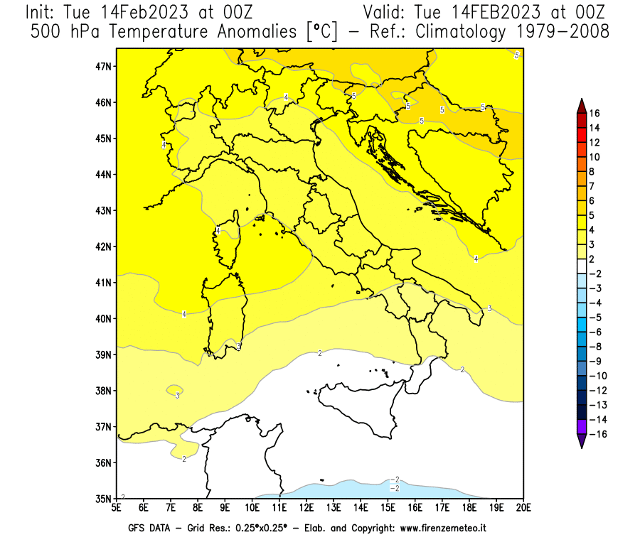 Mappa di analisi GFS - Anomalia Temperatura [°C] a 500 hPa in Italia
							del 14/02/2023 00 <!--googleoff: index-->UTC<!--googleon: index-->