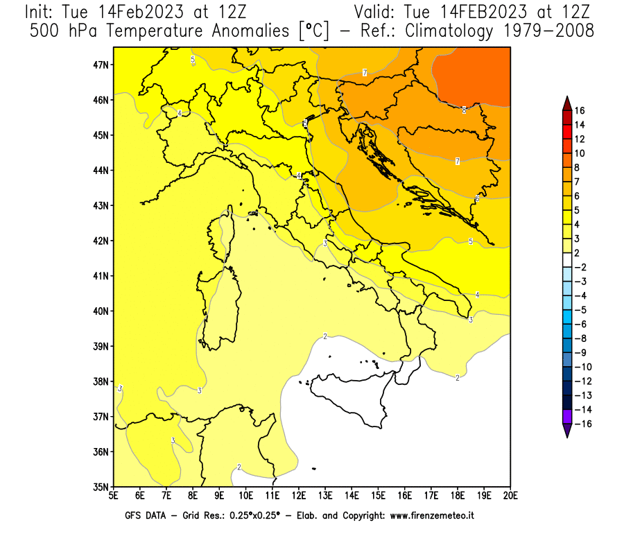 Mappa di analisi GFS - Anomalia Temperatura [°C] a 500 hPa in Italia
							del 14/02/2023 12 <!--googleoff: index-->UTC<!--googleon: index-->