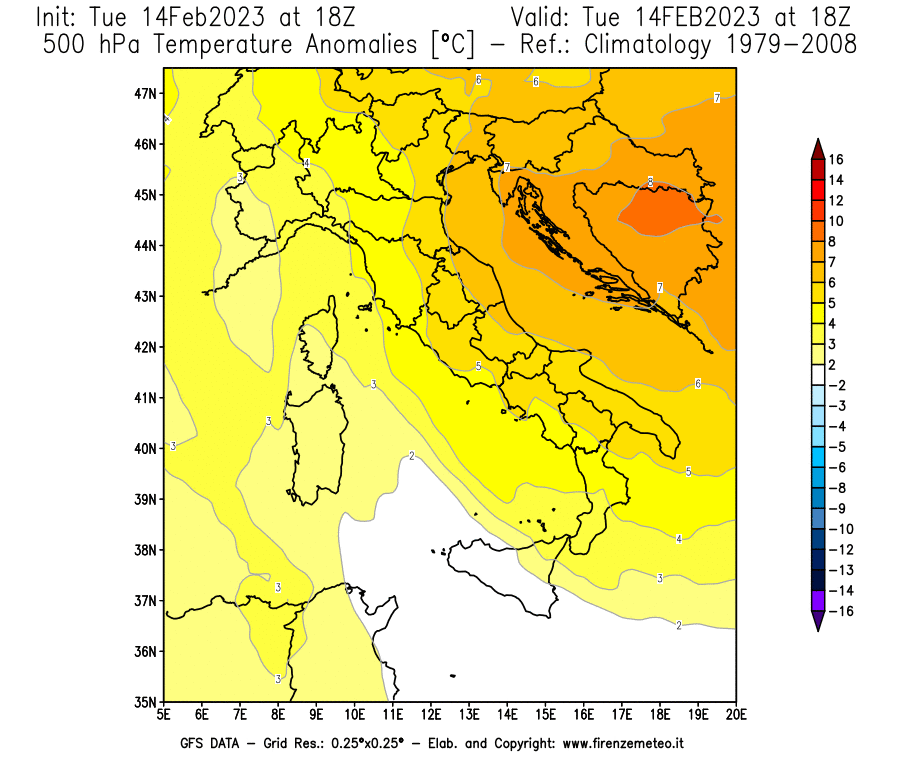 Mappa di analisi GFS - Anomalia Temperatura [°C] a 500 hPa in Italia
							del 14/02/2023 18 <!--googleoff: index-->UTC<!--googleon: index-->