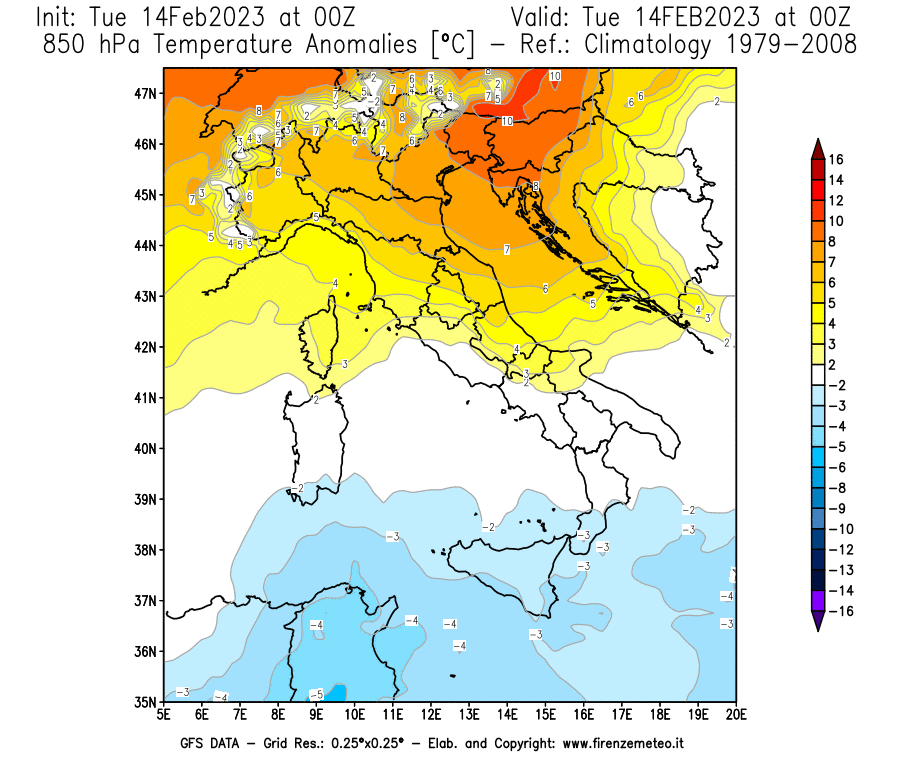 Mappa di analisi GFS - Anomalia Temperatura [°C] a 850 hPa in Italia
							del 14/02/2023 00 <!--googleoff: index-->UTC<!--googleon: index-->