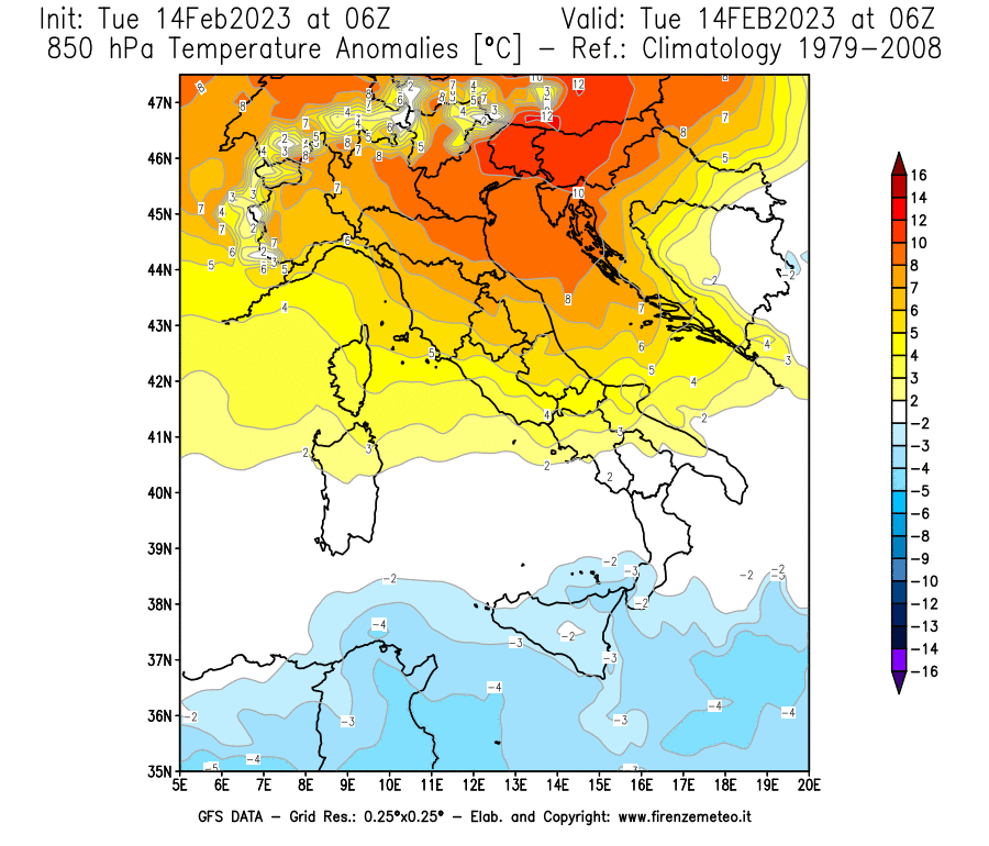 Mappa di analisi GFS - Anomalia Temperatura [°C] a 850 hPa in Italia
							del 14/02/2023 06 <!--googleoff: index-->UTC<!--googleon: index-->