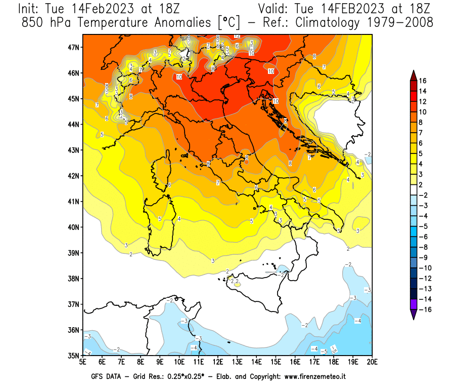 Mappa di analisi GFS - Anomalia Temperatura [°C] a 850 hPa in Italia
							del 14/02/2023 18 <!--googleoff: index-->UTC<!--googleon: index-->