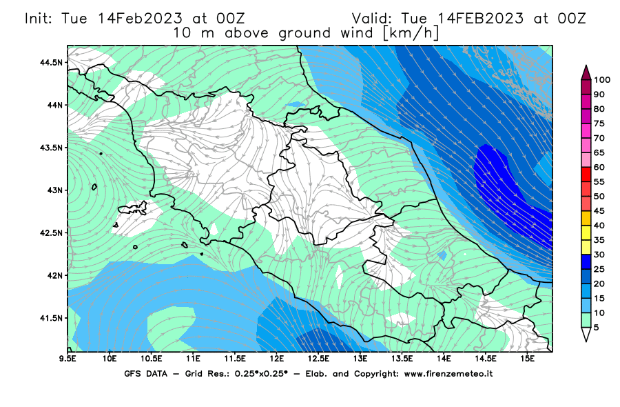 Mappa di analisi GFS - Velocità del vento a 10 metri dal suolo [km/h] in Centro-Italia
							del 14/02/2023 00 <!--googleoff: index-->UTC<!--googleon: index-->