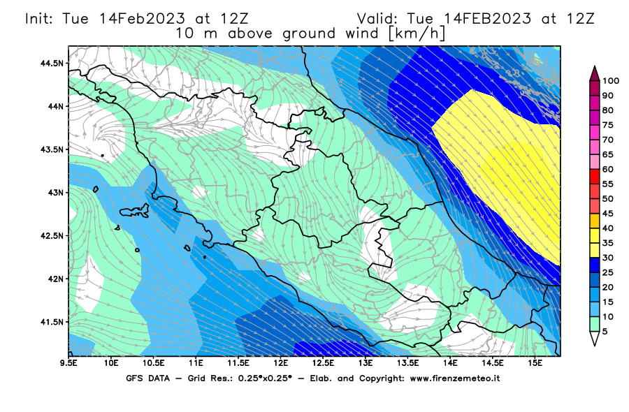 Mappa di analisi GFS - Velocità del vento a 10 metri dal suolo [km/h] in Centro-Italia
							del 14/02/2023 12 <!--googleoff: index-->UTC<!--googleon: index-->