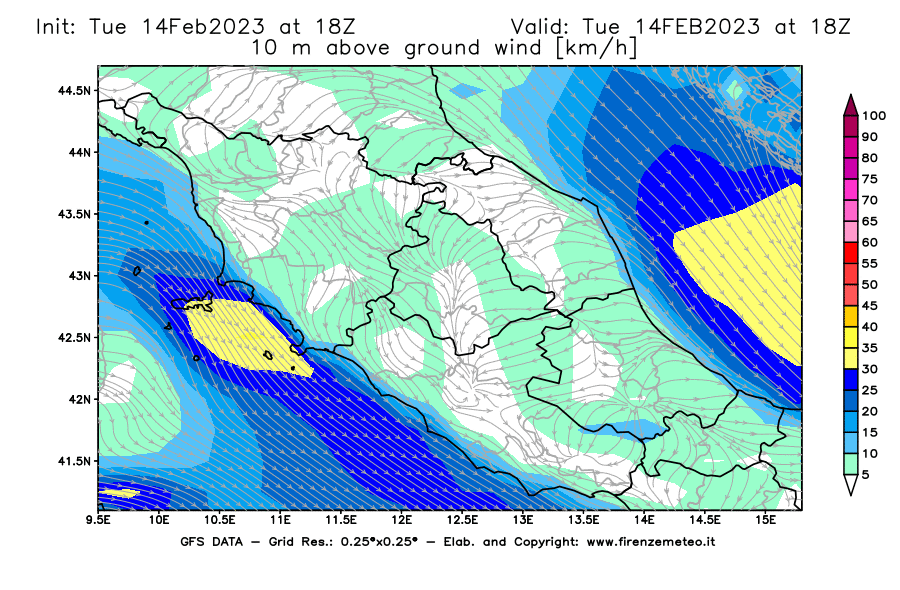 Mappa di analisi GFS - Velocità del vento a 10 metri dal suolo [km/h] in Centro-Italia
							del 14/02/2023 18 <!--googleoff: index-->UTC<!--googleon: index-->
