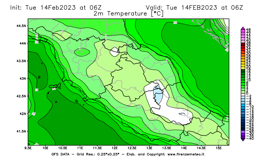 Mappa di analisi GFS - Temperatura a 2 metri dal suolo [°C] in Centro-Italia
							del 14/02/2023 06 <!--googleoff: index-->UTC<!--googleon: index-->
