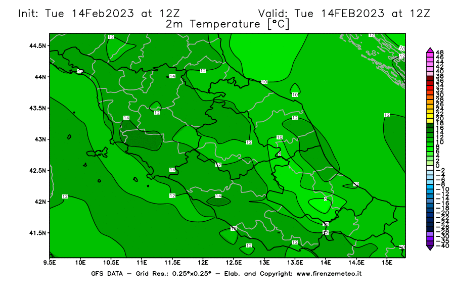 Mappa di analisi GFS - Temperatura a 2 metri dal suolo [°C] in Centro-Italia
							del 14/02/2023 12 <!--googleoff: index-->UTC<!--googleon: index-->