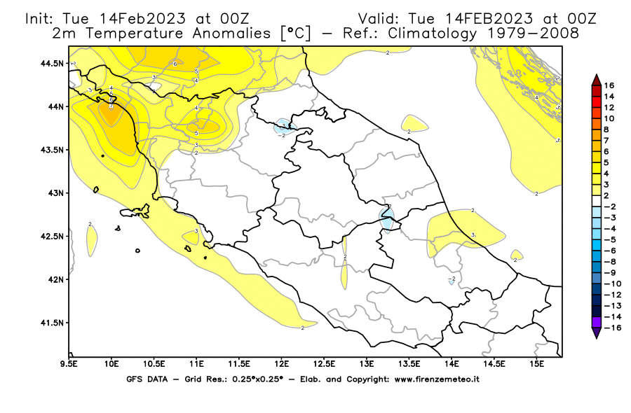 Mappa di analisi GFS - Anomalia Temperatura [°C] a 2 m in Centro-Italia
							del 14/02/2023 00 <!--googleoff: index-->UTC<!--googleon: index-->