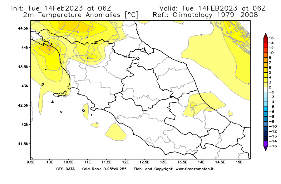 Mappa di analisi GFS - Anomalia Temperatura [°C] a 2 m in Centro-Italia
							del 14/02/2023 06 <!--googleoff: index-->UTC<!--googleon: index-->