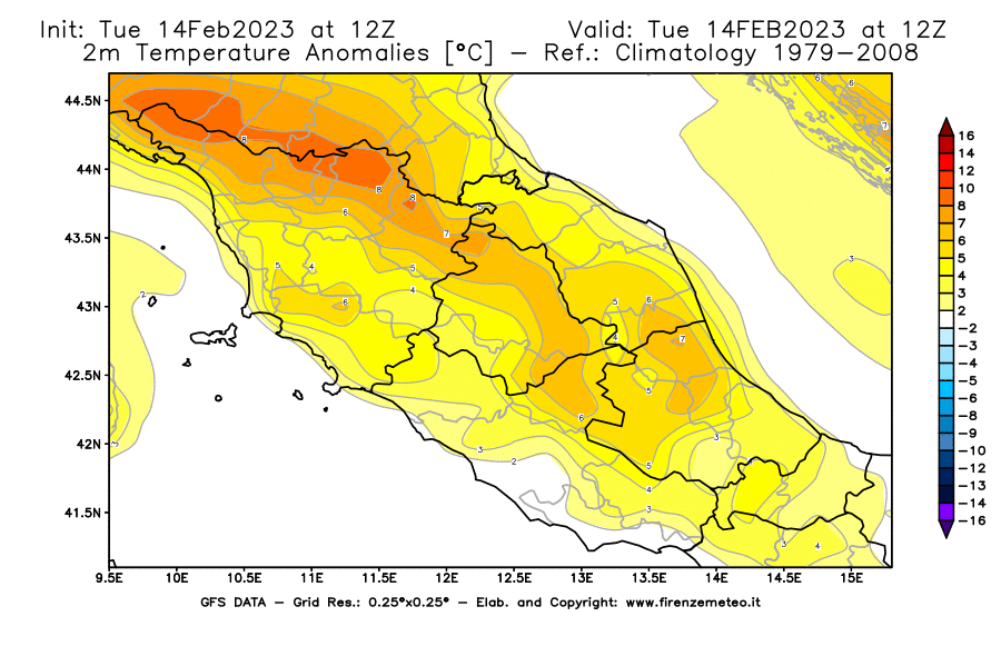 Mappa di analisi GFS - Anomalia Temperatura [°C] a 2 m in Centro-Italia
							del 14/02/2023 12 <!--googleoff: index-->UTC<!--googleon: index-->