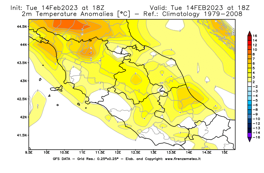 Mappa di analisi GFS - Anomalia Temperatura [°C] a 2 m in Centro-Italia
							del 14/02/2023 18 <!--googleoff: index-->UTC<!--googleon: index-->