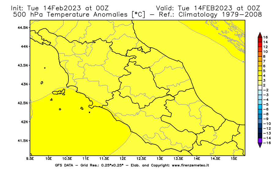 Mappa di analisi GFS - Anomalia Temperatura [°C] a 500 hPa in Centro-Italia
							del 14/02/2023 00 <!--googleoff: index-->UTC<!--googleon: index-->