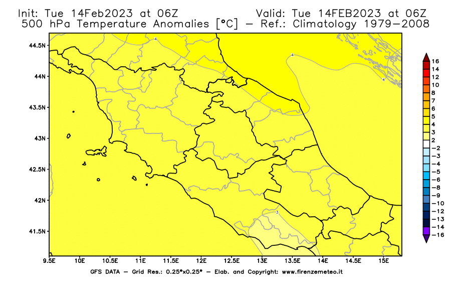 Mappa di analisi GFS - Anomalia Temperatura [°C] a 500 hPa in Centro-Italia
							del 14/02/2023 06 <!--googleoff: index-->UTC<!--googleon: index-->