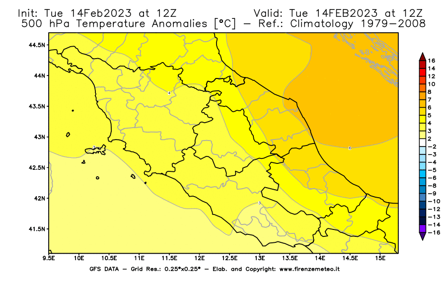 Mappa di analisi GFS - Anomalia Temperatura [°C] a 500 hPa in Centro-Italia
							del 14/02/2023 12 <!--googleoff: index-->UTC<!--googleon: index-->