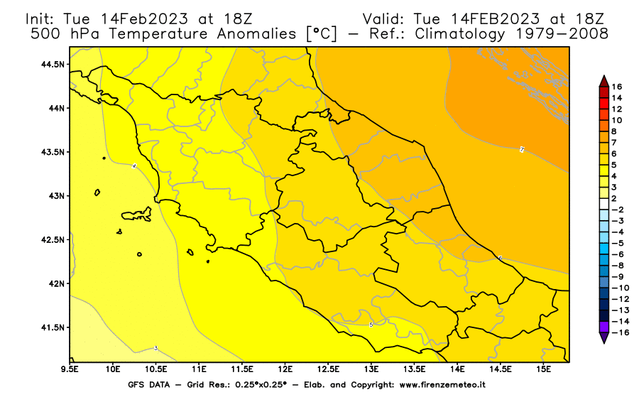 Mappa di analisi GFS - Anomalia Temperatura [°C] a 500 hPa in Centro-Italia
							del 14/02/2023 18 <!--googleoff: index-->UTC<!--googleon: index-->