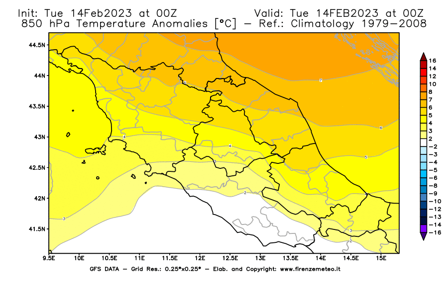 Mappa di analisi GFS - Anomalia Temperatura [°C] a 850 hPa in Centro-Italia
							del 14/02/2023 00 <!--googleoff: index-->UTC<!--googleon: index-->