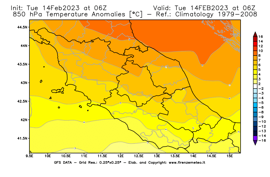 Mappa di analisi GFS - Anomalia Temperatura [°C] a 850 hPa in Centro-Italia
							del 14/02/2023 06 <!--googleoff: index-->UTC<!--googleon: index-->
